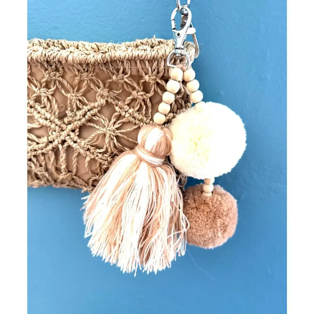 Boho Straw Macrame Crossbody Bag Natural Wood Bead Strap Purse Tassels Pom Poms